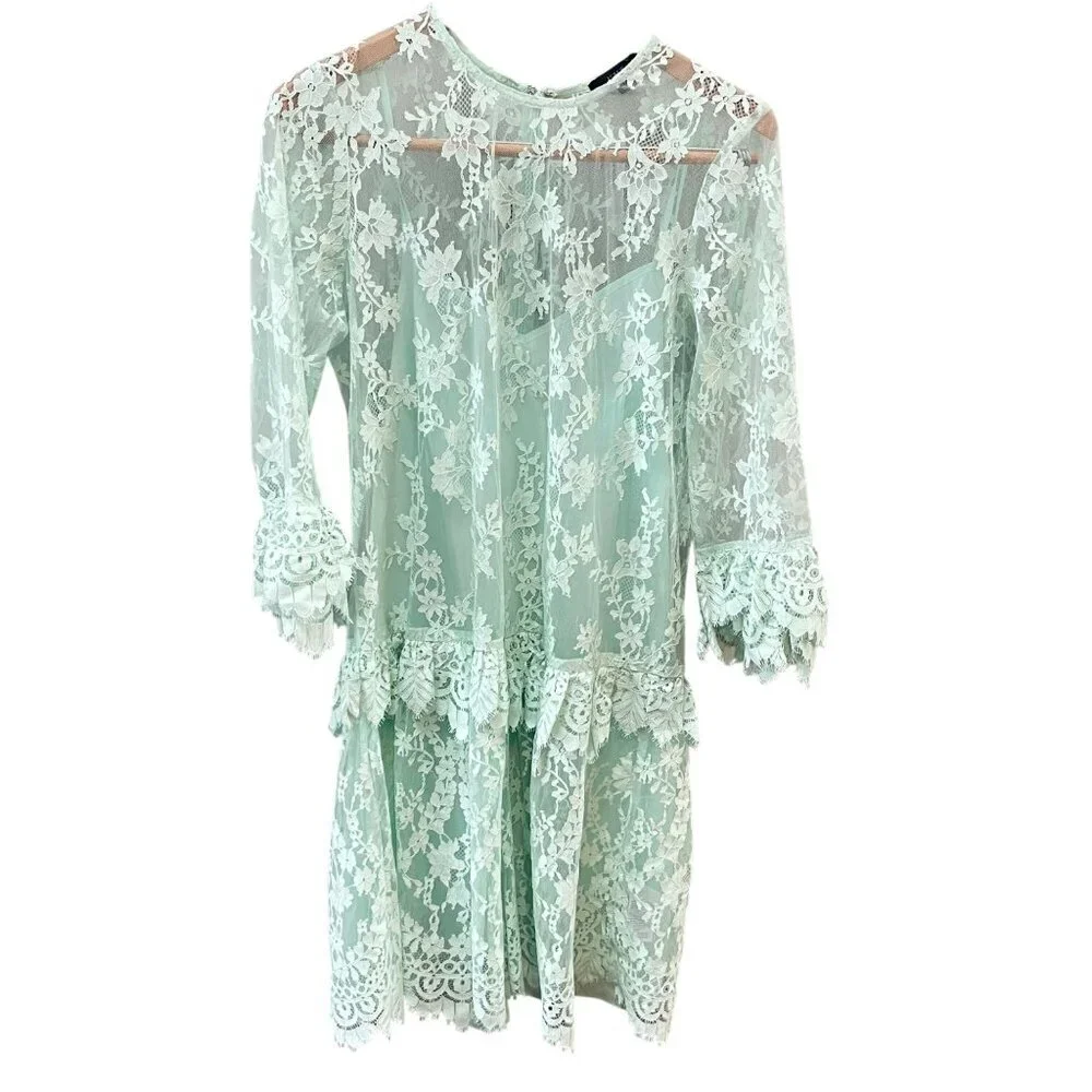 New J. Crew Three-quarter-sleeve‎ dress in chantilly lace Mint Green- Sz. 0